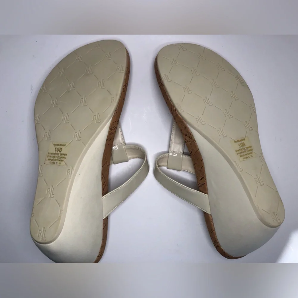 Ralph Lauren Cream Patent Leather T Strap Open Toe Wedge Sandal Size 10B